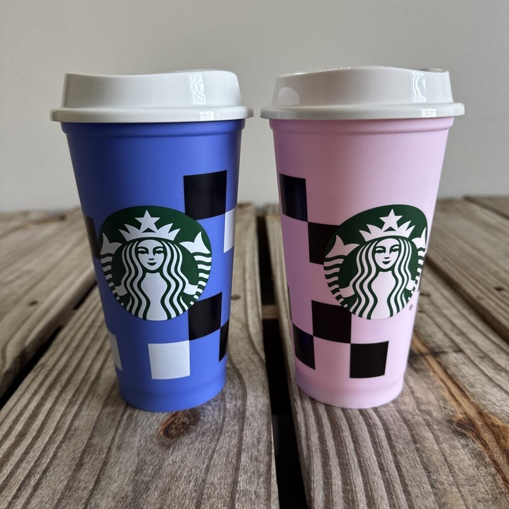 Lot of 2 Starbucks‎ 16 ounce Reusable Coffee Cups Blocks Geometric
